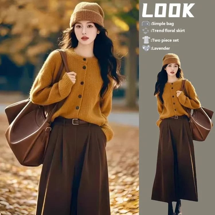法式减龄时尚好看2025复古穿搭套装宽松圆领单排扣短款针织毛衣