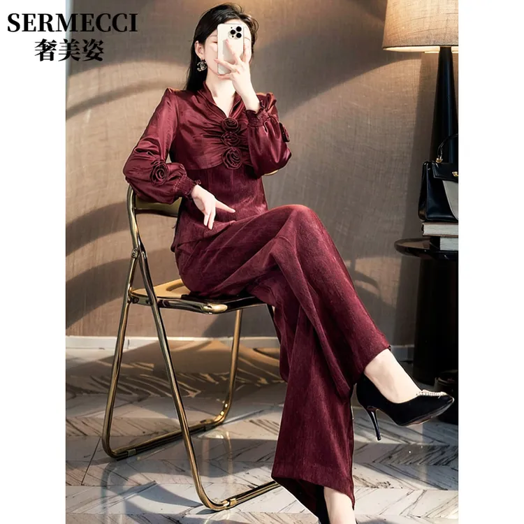 2025年春御姐炸街气质高级感酒红色立体花朵上衣阔腿裤两件套装女