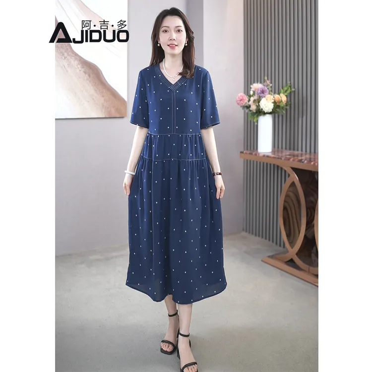 法式蓝色波点v领连衣裙女2025夏新款中年妈妈装宽松显瘦洋气裙子