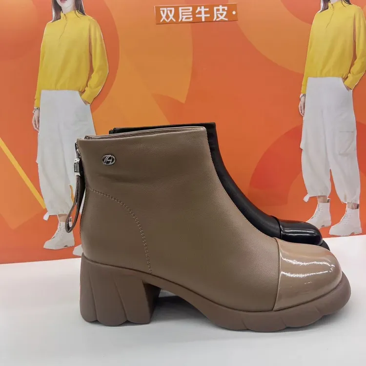 增高粗跟侧拉链尖头休闲短靴双层胶粘冬季圆头