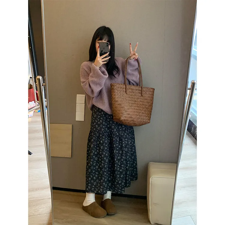 MARIE.COCO早秋穿搭紫色针织毛衣女小个子显瘦碎花半身裙两件套装