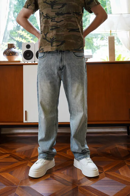 潮牌宽松款-秋季新款直筒微弹美式软牛仔裤裤子做旧男款水洗显瘦