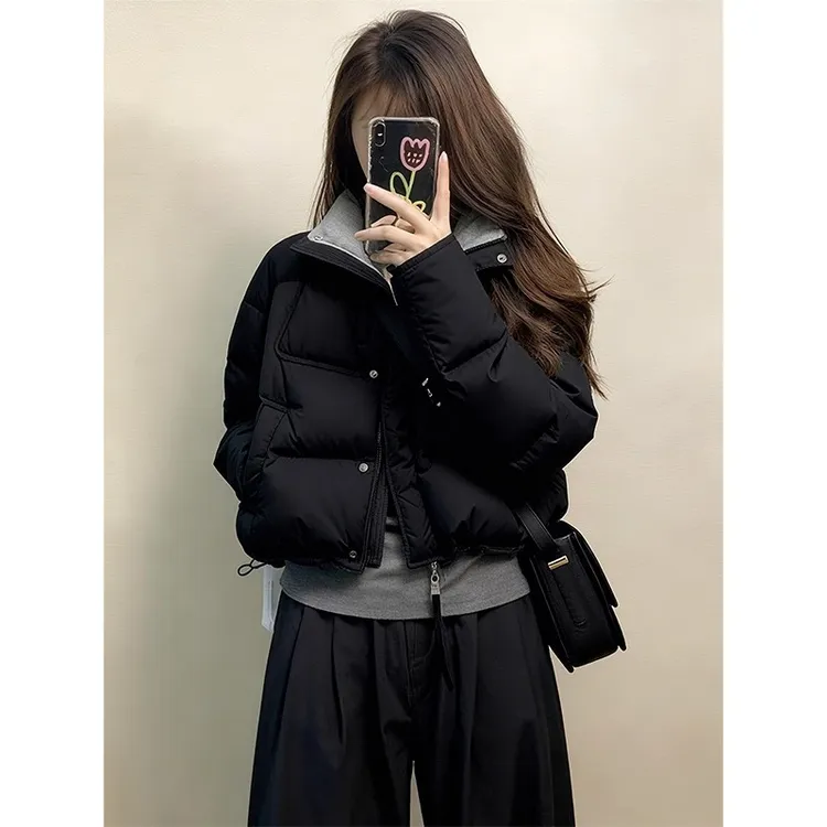 2025巨好看的黑色撞色棉服女冬小个子韩系短款面包服厚外套棉袄