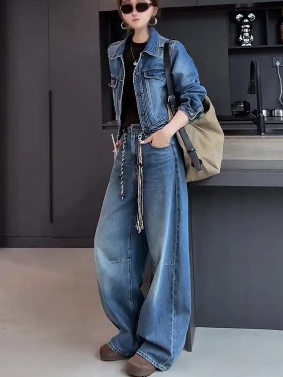 美式复古蓝色牛仔套装女2025新款POLO领短款夹克外套阔腿裤两件套