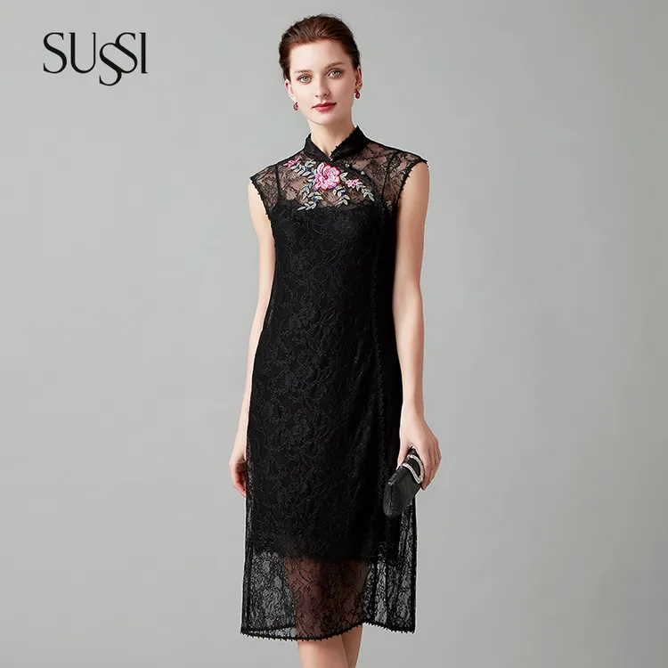SUSSI/古色夏季新品瑰丽芳踪黑色绣花蕾丝直身裙修身气质