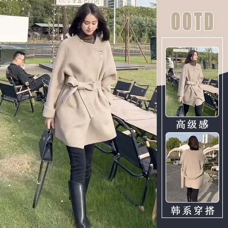 冬季新款女装早冬小个子收腰显瘦中长款驼色呢子呢子大衣毛呢外套