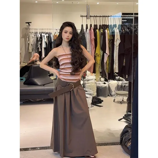 美式复古条纹抹胸背心女夏季修身内搭小众打底上衣+半身裙套装