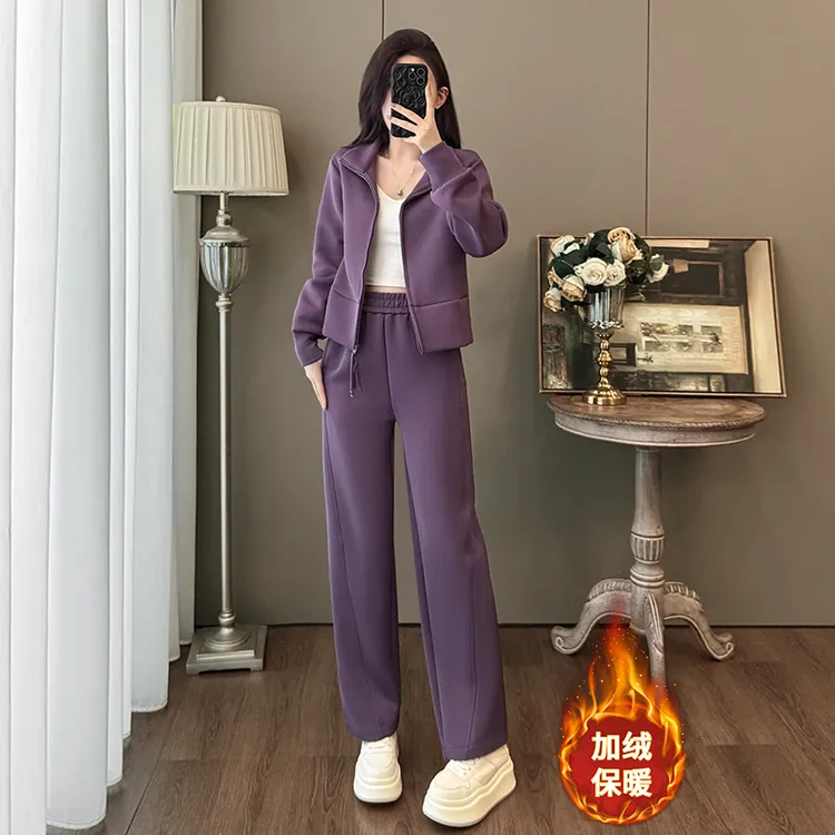 休闲运动套装女秋冬2025加绒洋气设计感双拉链卫衣阔腿裤两件套潮