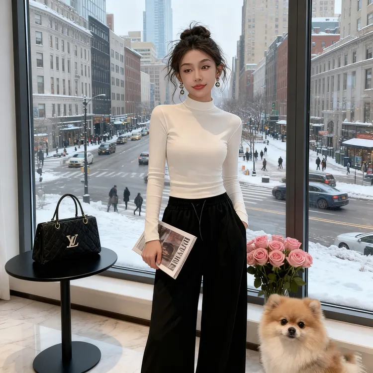 欧货白色加绒半高领长袖打底衫女内搭2025秋冬新款修身小立领上衣