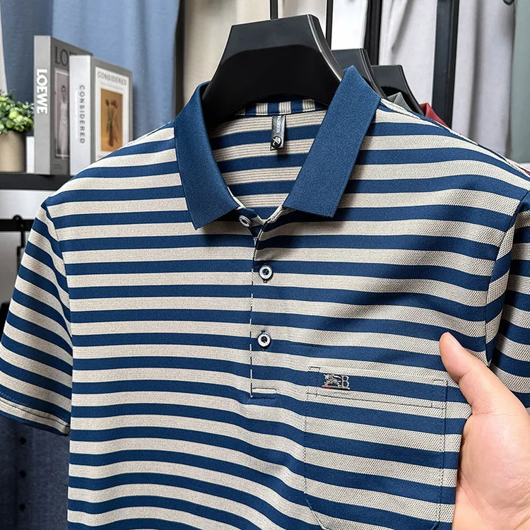 2025年夏季新款男士短袖polo衫条纹时尚宽松t恤中青年百搭上衣