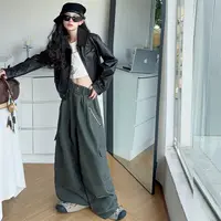【Maila童装】女童短款机车皮衣外套军绿色休闲工装裤春秋两件套装