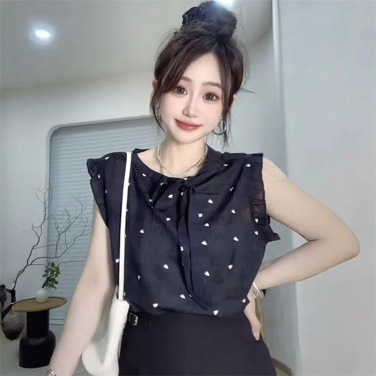 设计感小众领口蝴蝶结爱心印花无袖衬衫女2025夏季木耳边拼接上衣