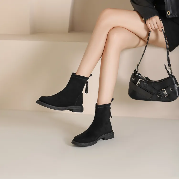 卓诗尼短靴女2025秋冬新款加绒堆堆靴复古瘦瘦靴子厚底弹力小踝靴