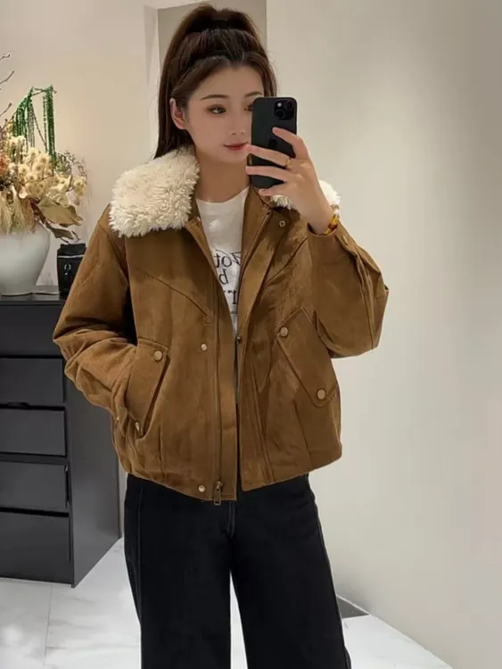 毛绒大翻领保暖外套女2025秋冬新款高级感宽松休闲夹棉加厚棉服