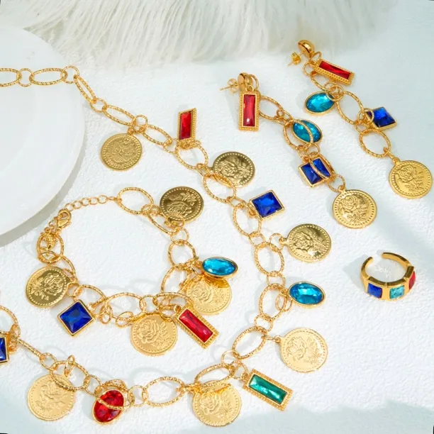 不锈钢合成锆石项链 Xyuer谢雨儿时尚立体硬币款多彩钻首饰