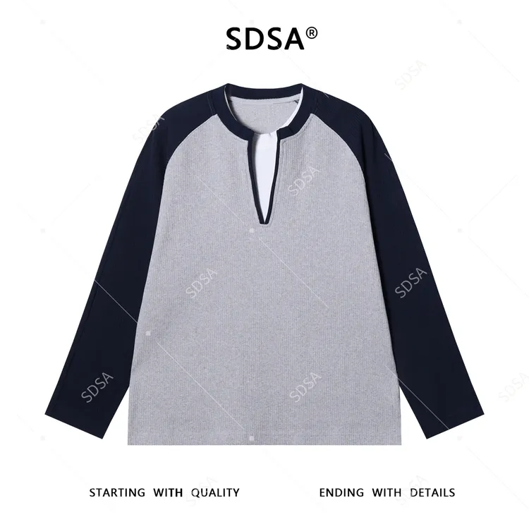 SDSA男士秋冬新款痞帅男装韩版拼色竖纹假两件长袖T恤百搭网红款