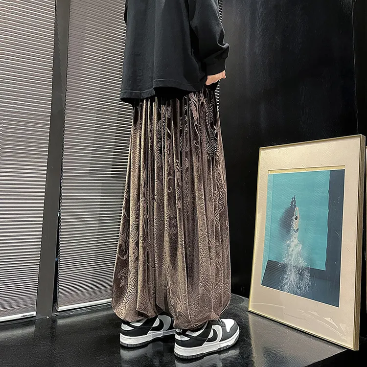 暗黑系潮牌大码肥佬灯笼裤秋冬季中国风龙纹提花宽松金丝绒阔腿裤
