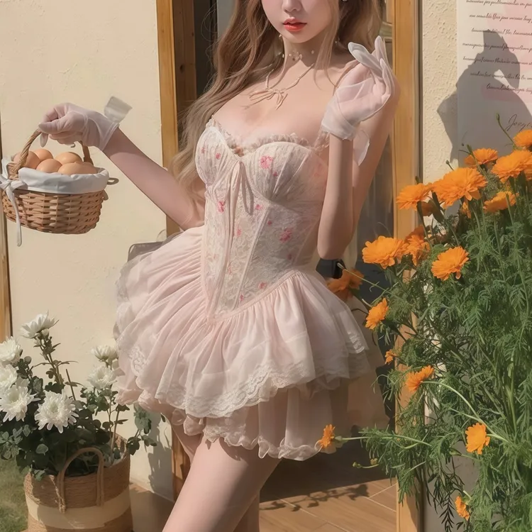 【闺蜜小清新】法式带胸垫纯欲碎花性感吊带马甲鱼骨裙聚拢收腰性感