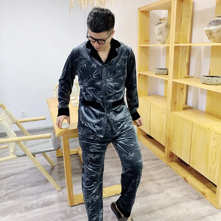 男士金丝绒印花睡衣套装2025秋季高品质奢华图案潮流可外穿家居服