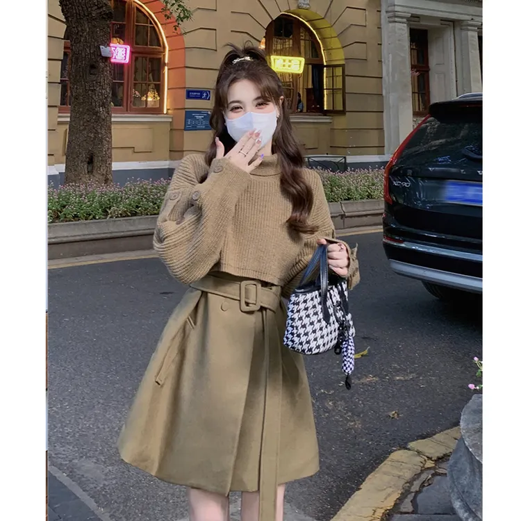 独特超好看今年流行漂亮套装裙女秋冬针织披肩两件套装背心连衣裙