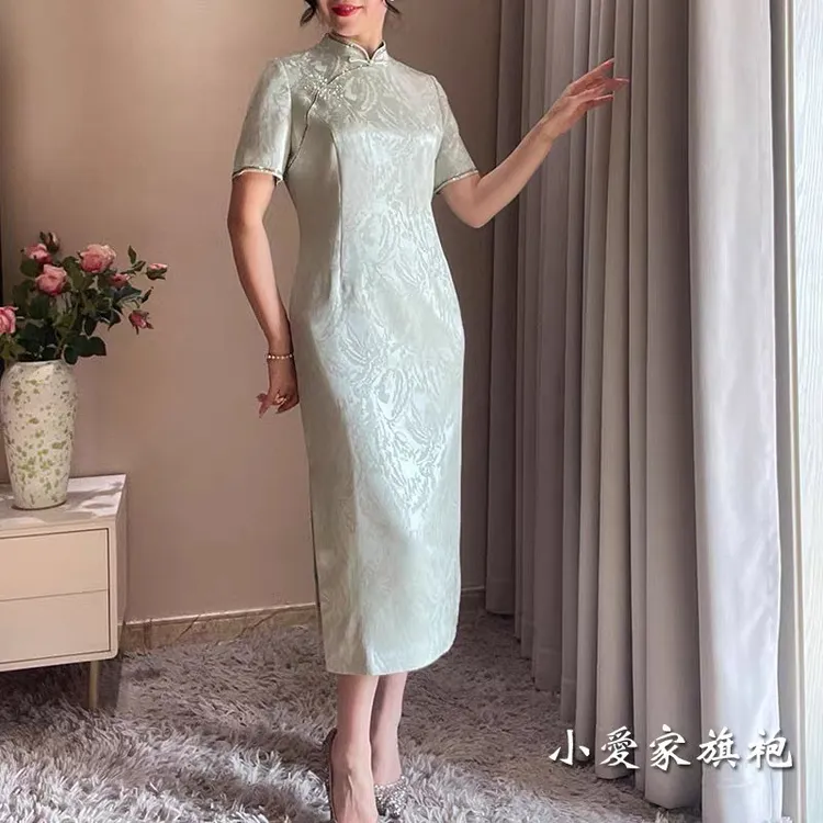 2025年春新款年轻妈妈旗袍女中年高档夏大码绿色送考高考日常可穿