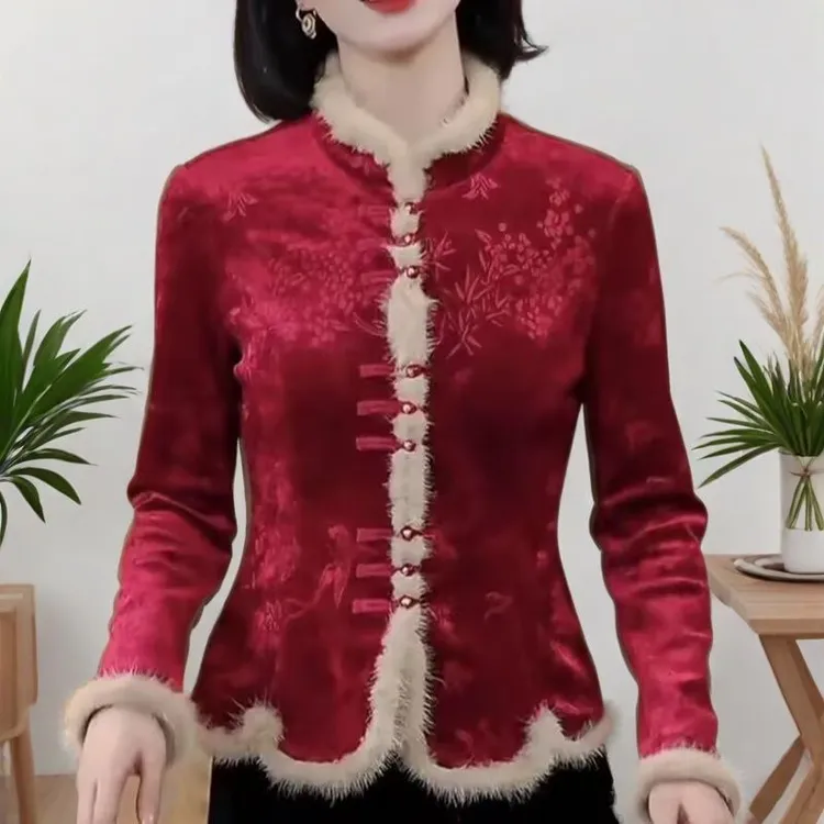 新中式国风打底衫加绒长袖衬衫女秋冬季新款时尚洋气减龄显瘦上衣