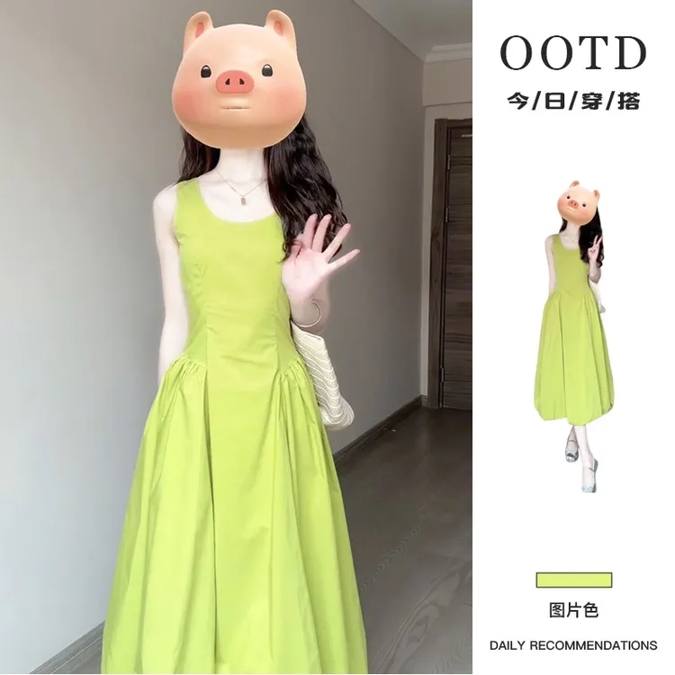 夏天巨好看多巴胺穿搭绿色无袖连衣裙子女2025新款高级感收腰长裙