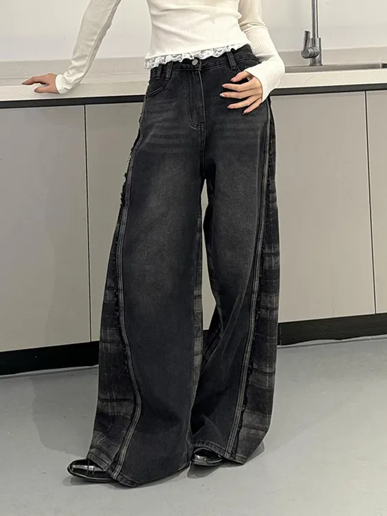美式高街撞色格纹拼接牛仔裤子女秋季新款辣妹宽松垂感拖地阔腿裤