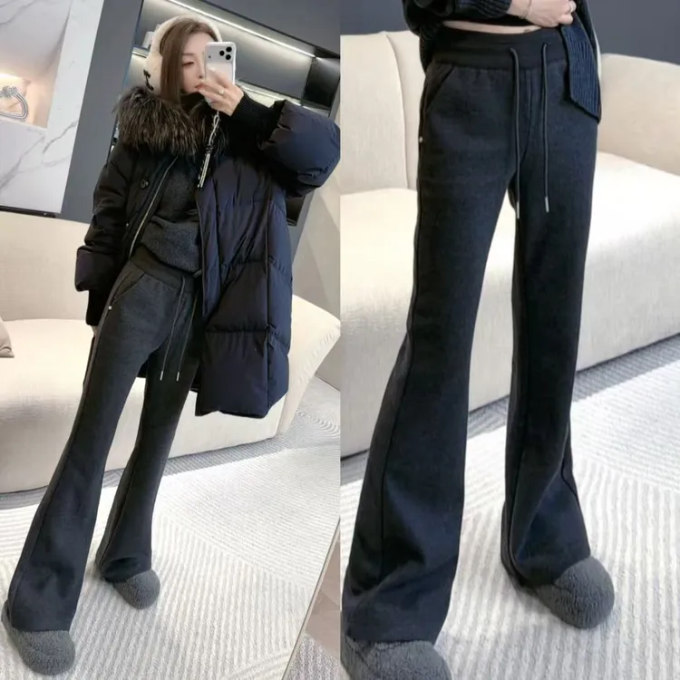 熙薇【纤云漫舞】2025冬季超显瘦大长腿加绒弹力羊毛喇叭裤H6369