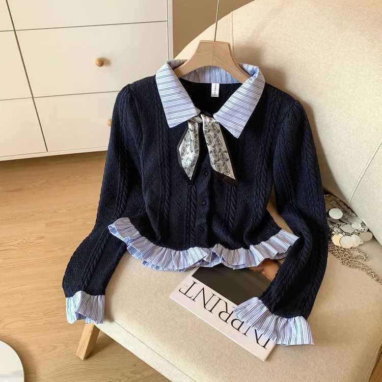 学院风洋气假两件长袖女秋冬季2025新款撞色格子Polo领上衣配丝巾