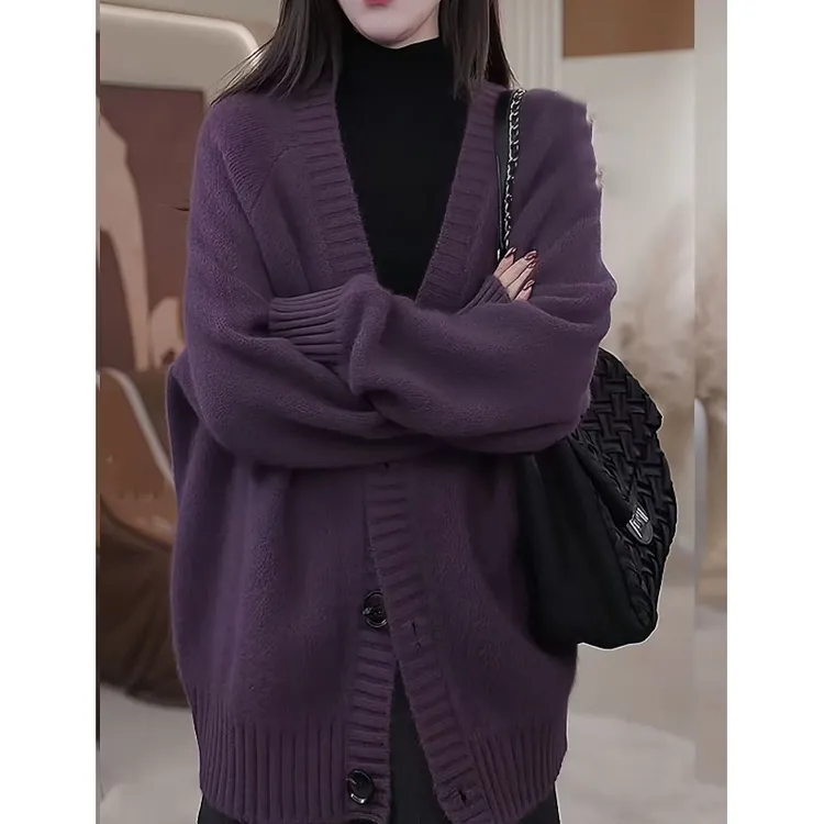 紫色高级感慵懒毛衣开衫外套女秋冬季2025新款中长款宽松减龄上衣