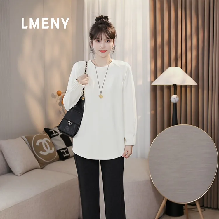 LMENY“百搭公式”狠显瘦！圆领双面德绒袖口捏褶打底T恤25DL003