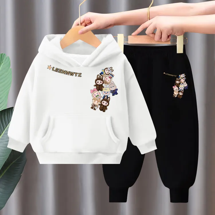 白色儿童秋套装男童中大童连帽卫衣2025新款秋冬加绒女童运动服装