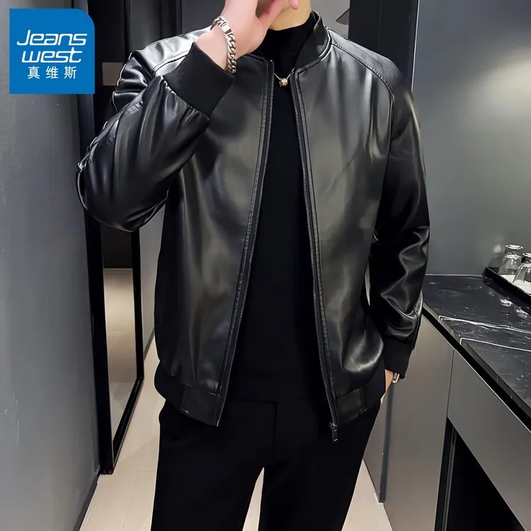 真维斯Jeanswest/男士春秋季新款皮衣修身韩版帅气机车皮夹克外套