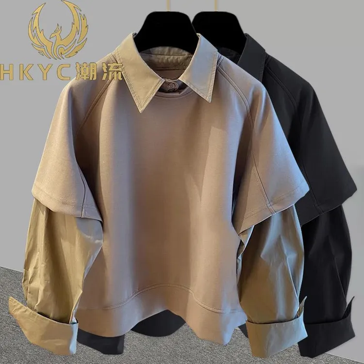 HKYC春秋假两件套接长袖衬衫韩式新潮青年休闲宽松套头运动衫