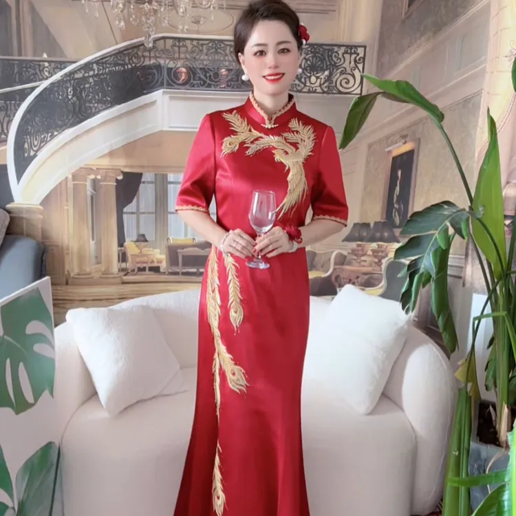 喜婆婆喜妈妈秋季醋酸新款凤凰刺绣鱼尾长款高级礼服