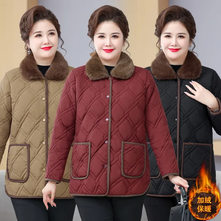 翻领双走线小圆弧纯色撞色拼接加厚加绒妈妈装棉袄棉衣女大码棉服