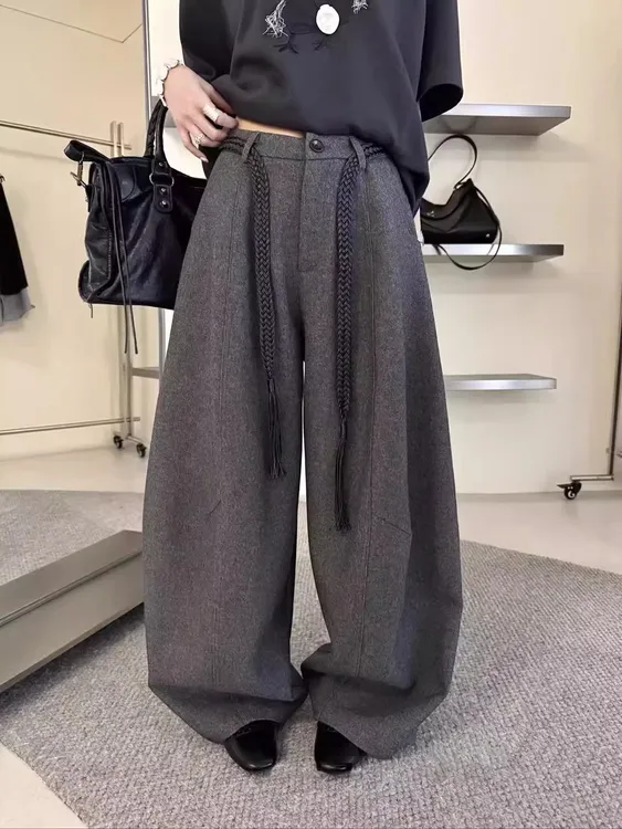 【送腰带】冬季女韩版加厚毛呢裤高腰宽松时尚遮肉显瘦拖地弯刀长裤