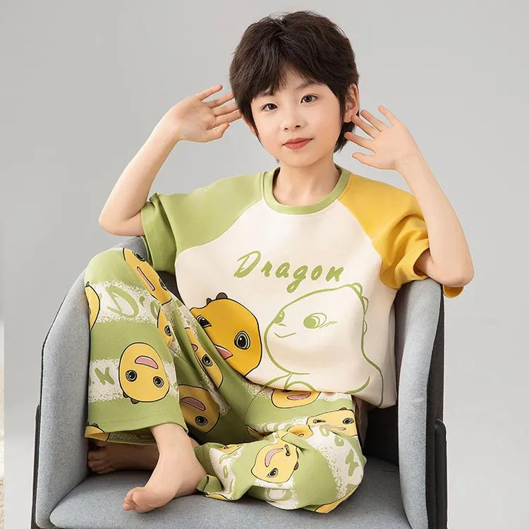 儿童睡衣男童纯棉春秋夏季男孩短袖长裤中大童卡通奶龙家居服套装