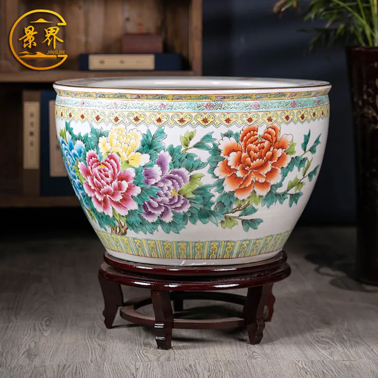景德镇陶瓷手绘中式大号鱼缸客厅养乌龟睡莲盆荷花缸庭院水缸摆件