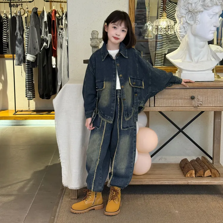 女童不规则蝙蝠衫牛仔毛边两件套2025新款春秋洋气酷春秋宽松衣服