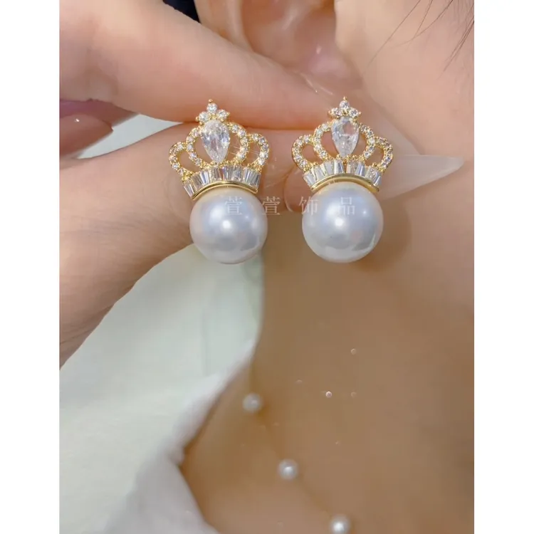 铜合金无非金属耳饰 皇冠珍珠轻奢时尚气质百搭高级感耳环6654