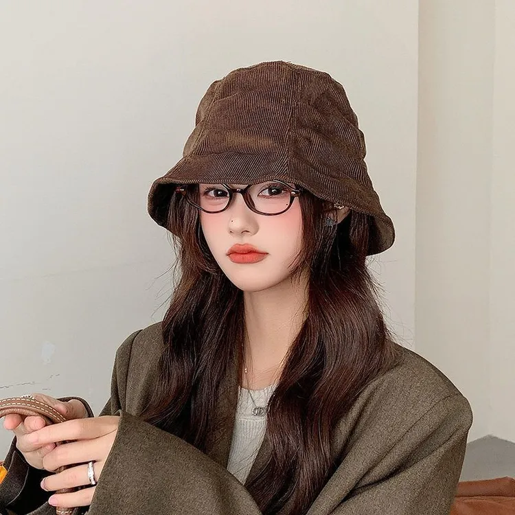 咖啡色复古褶皱灯芯绒渔夫帽女秋冬日系休闲百搭显脸小素颜水桶