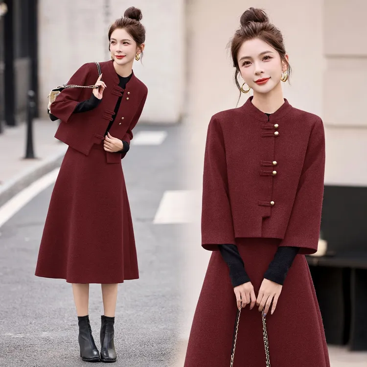 新中式国风毛呢套装女装2025秋冬季一整套穿搭高级感半身裙两件套