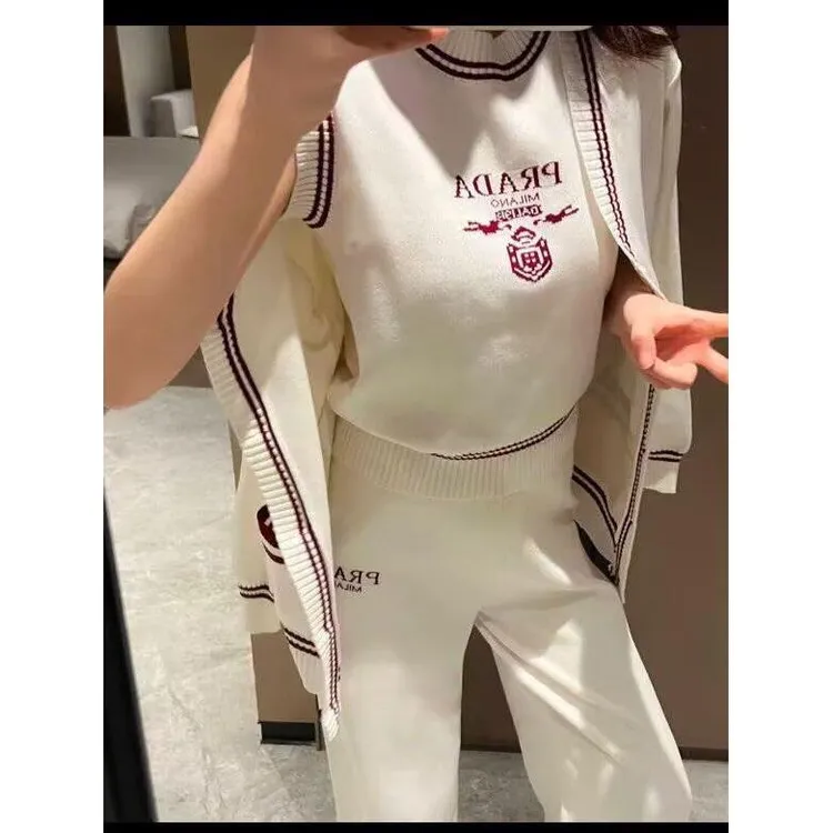 欧美风2025年新款女字母无袖背心+针织开衫外套+休闲阔腿裤三件套