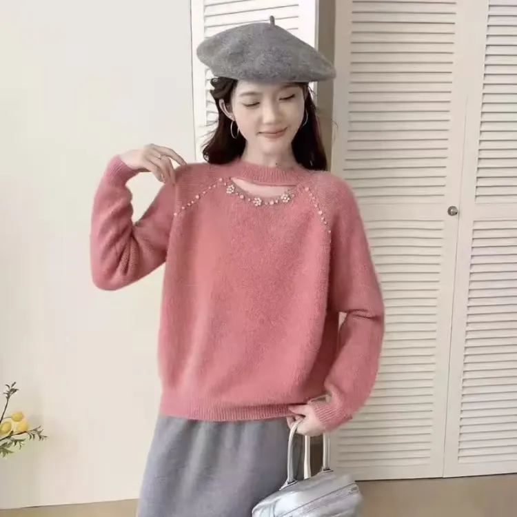 17#不起球秋冬套头钉珠花朵长袖纯色毛衣针织衫