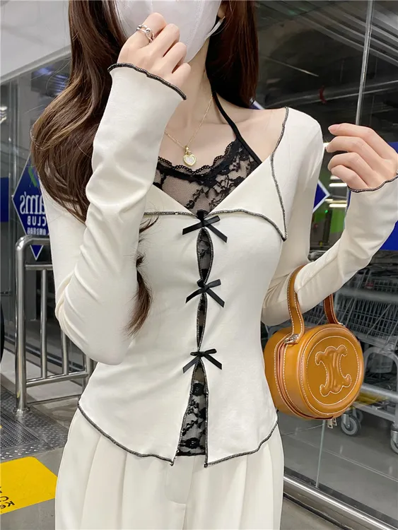 红色性感假两件蕾丝挂脖长袖t恤女内搭上衣纯欲风修身显瘦打底衫