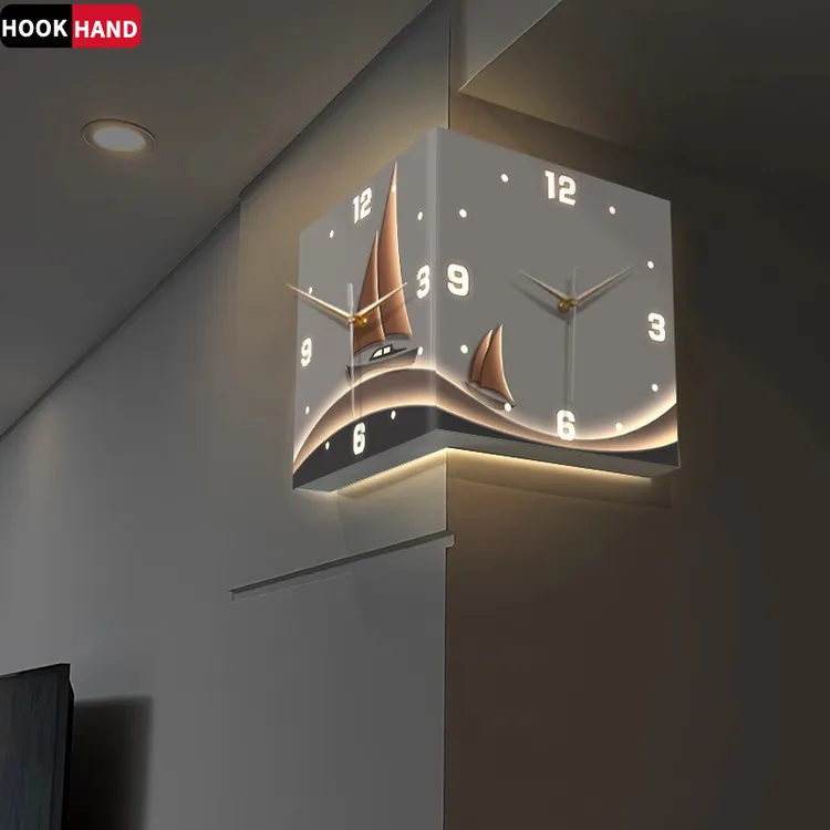 一帆风顺双面转角挂钟客厅免打孔创意led时钟表挂墙静音拐角壁钟