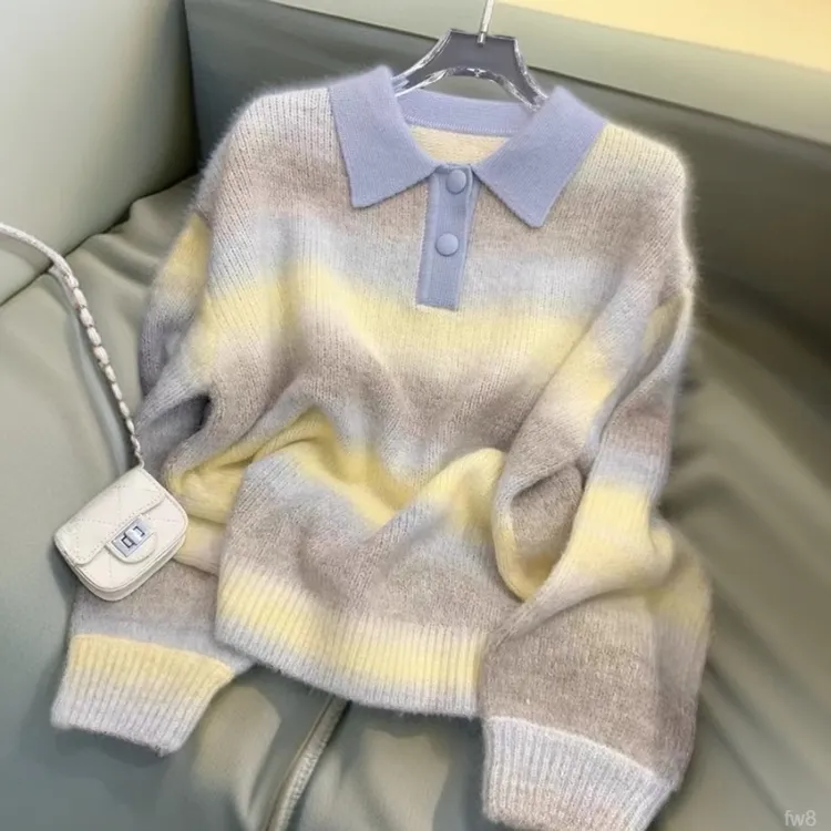 法式小香风彩色渐变针织衫女2025秋冬新款polo领小众百搭时尚毛衣