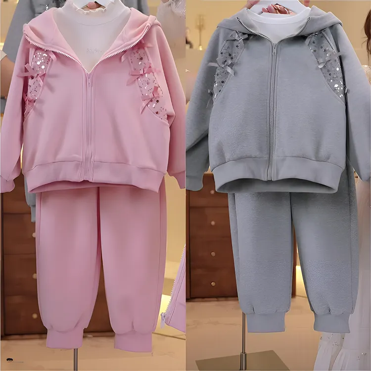 女童甜美卫衣外套卫裤套装秋装2025新款蝴蝶结亮片开衫运动束脚裤